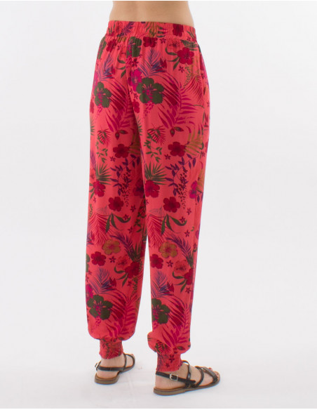Pantalon  d'été fluide corail pour femme à fleurs hawaïennes