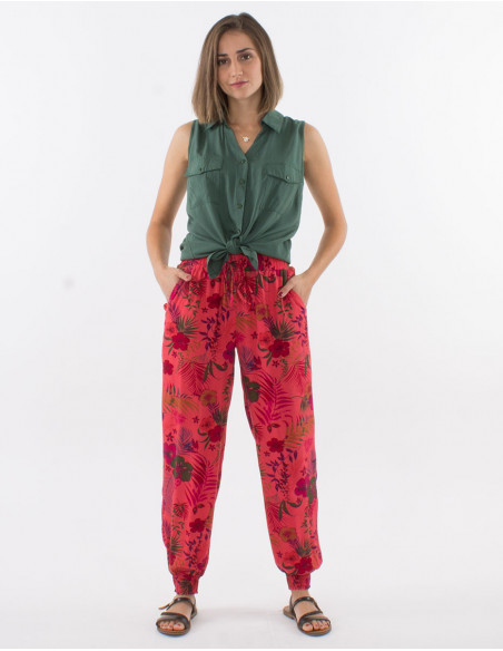 Pantalon léger élastiqués aux chevilles pour femme corail avec fleurs colorées tropicales