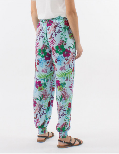 Pantalon léger élastiqués aux chevilles pour femme turquoise avec fleurs colorées tropicales
