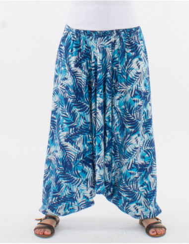Pantalon sarouel fourche basse femme imprimé baba cool feuilles bleu