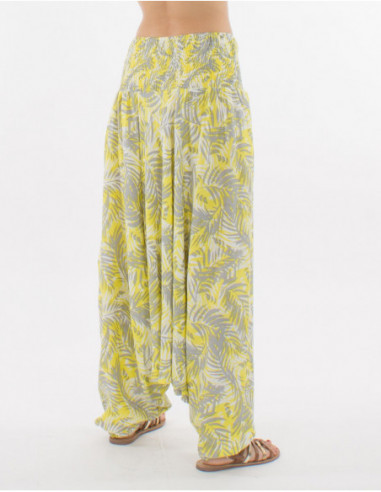 Pantalon sarouel fourche basse femme imprimé baba cool feuilles jaune