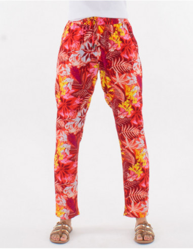 Pantalon femme coupe slim imprimé fleurs tropicales rouge