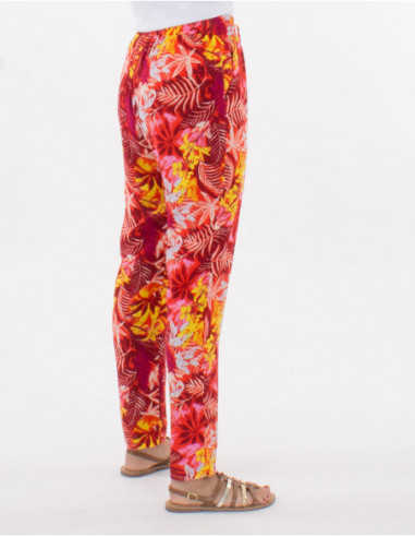 Pantalon femme coupe slim imprime fleurs tropicales rouge