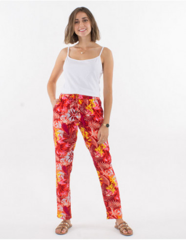 Pantalon fluide de plage pour femme avec imprimé hippie chic fleurs rouges jaunes et blanches