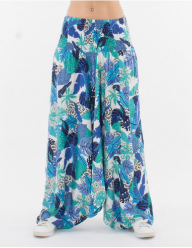 Pantalon sarouel fourche basse femme imprimé boho feuilles bleu