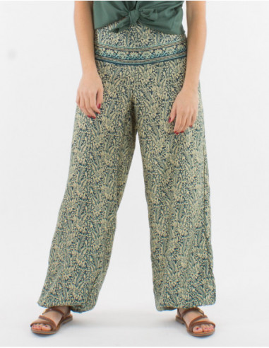 Pantalon loose resserrée aux chevilles et à la taille pour femme ethnique hippie chic bleu pétrole