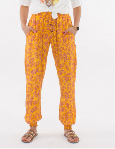 Pantalon d'été femme fluide avec poches avant à imprimé bohème féminin jaune de feuilles