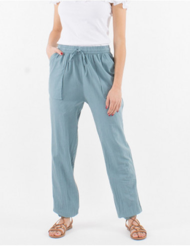 Pantalon léger en coton pour femme avec poches avant coupe droite confortable couleur unie grise