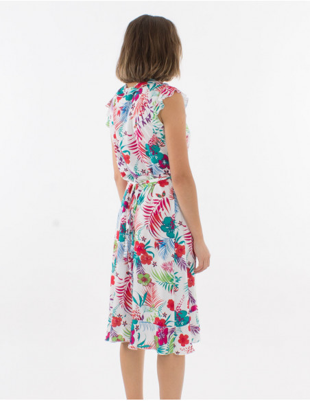 Robe fluide blanche à fleurs tropicales colorées coupe portefeuille féminine