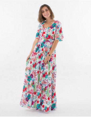 Robe longue d'été bohème blanche pour femme fleurs tropicales