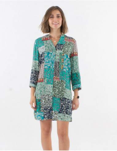 Robe chemise à boutons femme motif patchwork fleuri original