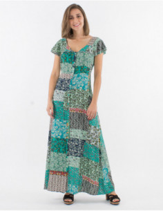Robe longue bohème femme tissu fluide patchwork à fleurs menthe