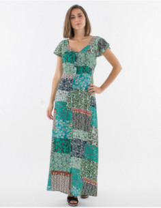 Robe longue bohème femme tissu fluide patchwork à fleurs menthe 2