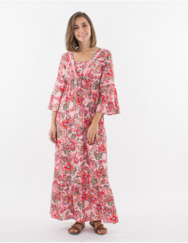 Robe longue fluide manches 3/4 femme motifs fleurs boho corail