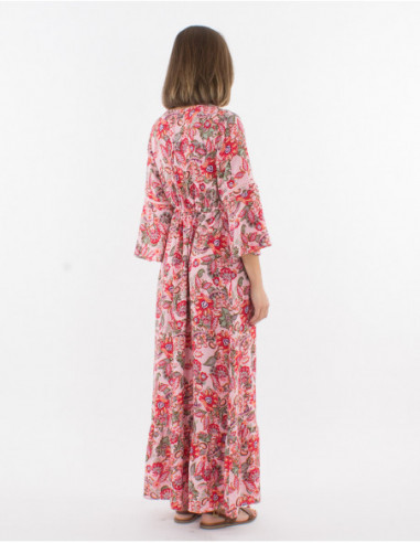 Robe longue originale femme manches 3/4 volantées col v et motif corail estival de fleurs
