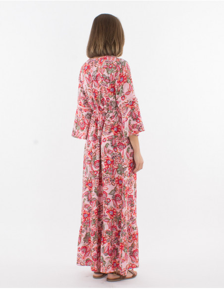 Robe longue originale femme manches 3/4 volantées col v et motif corail estival de fleurs