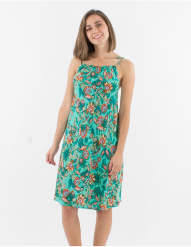Robe bohème d'été femme fleuri menthe avec bretelles à nouer sur les épaules