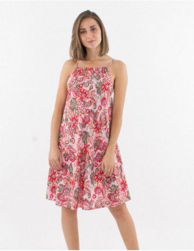 Robe mi longue bohème corail à fleurs pour femme bretelles à attacher sur les épaules