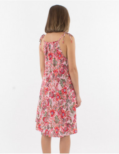 Robe bohème d'été femme fleuri corail avec bretelles à nouer sur les épaules