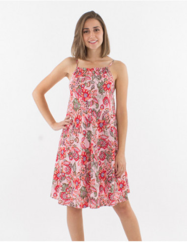 Robe légère femme bretelles à nouer imprimé fleurs bohème corail