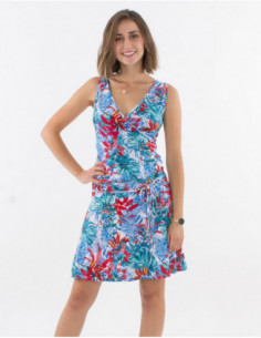 Robe courte femme style drapée blanche avec liens à nouer et imprimé fleurs tropicales d'été