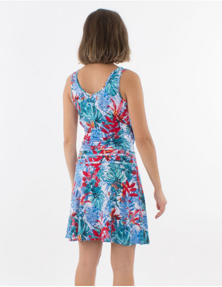 Robe femme courte pour l'été blanche coupe drapée à fleurs estivales hawaïennes