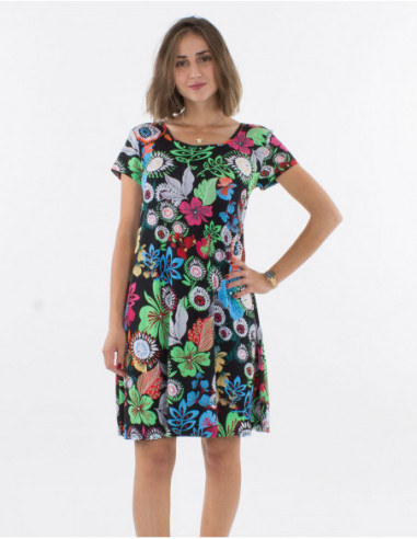 Robe femme courte d'été fluide coupe droite noir et motifs fleurs colorés et baba cool