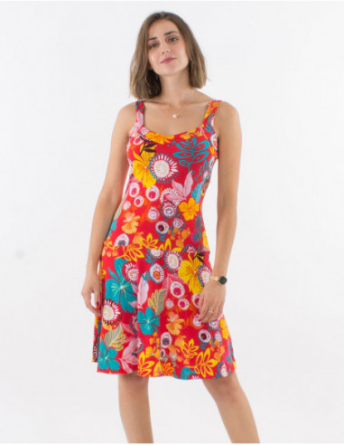 Robe féminine rouge baba cool avec fleurs bariolées originales et fines bretelles pour l'été