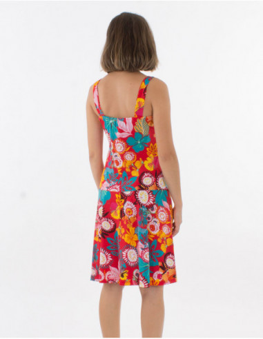 Robe évasée femme pour l'été rouge avec fleurs baba cool tropicales et bretelles