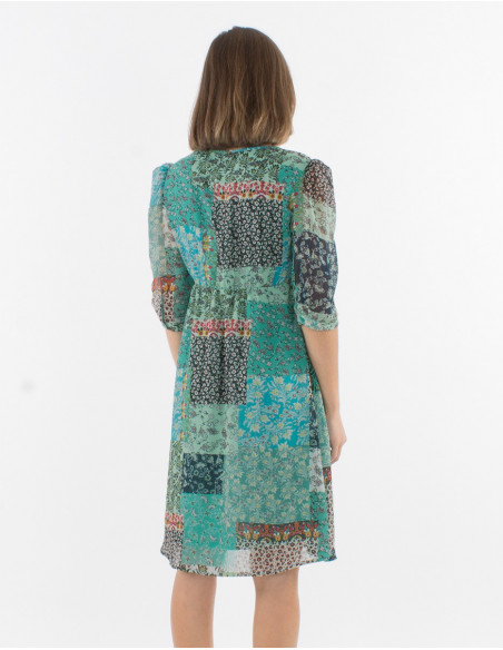 Robe cintrée menthe épaules bouffantes pour femme avec motifs patchwork bohème