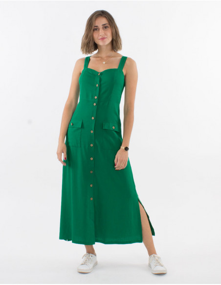 Robe longue verte basique à boutons effet bois pour femme en lin et viscose