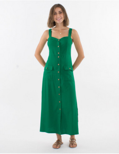 Robe longue basique verte pour femme boutonnée et fendue sur les côtés avec lin