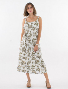 Robe longue femme avec lin et fines bretelles chic et décontracté écru imprimé naturel bohème feuilles