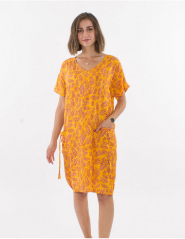 Robe d'été droite col V avec poches pour femme et imprimé bohème jaune avec feuilles