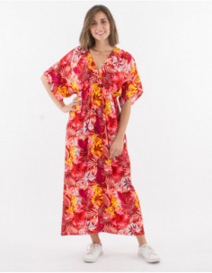 Robe longue à manches larges style kimono pour femme et imprimé tropical hawaïen rouge et jaune