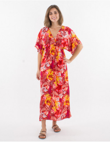 Robe large kimono femme manches 3/4 et col V avec motifs fleurs tropicales rouges jaunes et blanches
