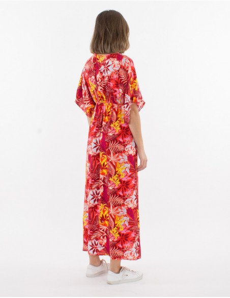 Robe été kimono femme avec manches 3/4 et col V imprimé fleurs tropicales rouges jaunes et blanches