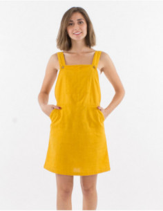 Robe évasée femme basique à fines bretelles avec lin basique uni vert kaki 2