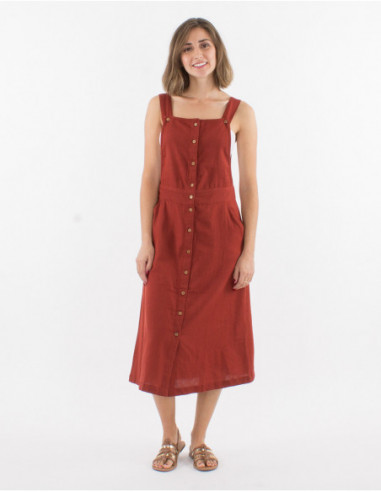 Robe longueur mollet d'été pour femme avec boutons style salopette basique et chic unie rouge brique