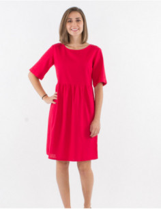 Petite robe basique coupe patineuse à manches courtes femme couleur unie rose framboise 2