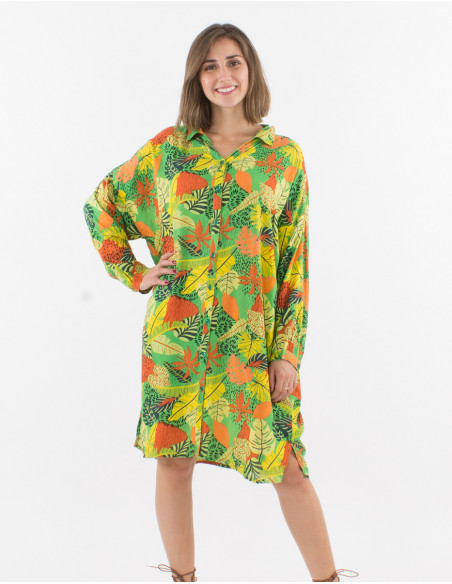 Robe chemise courte d'été anis femme manches longues et fentes sur les côtés motif bohème feuilles