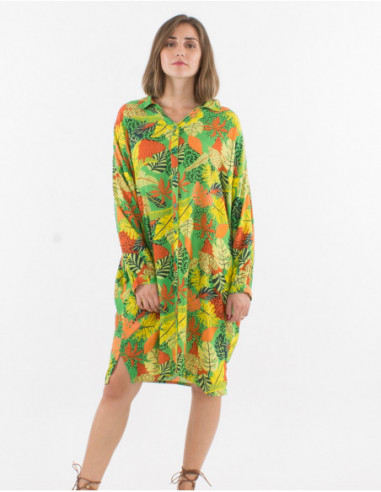 Robe chemise mi longue femme à manches longues motifs vert anis avec feuilles tropicales originales