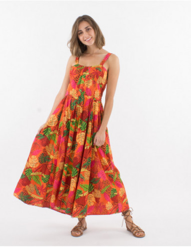 Robe longue à bretelles boho chic rouge pour femme avec feuilles colorées été 2022