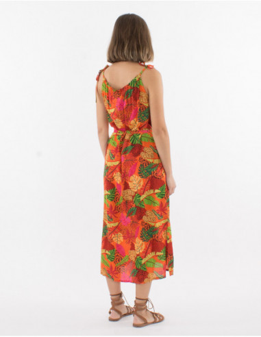 Robe longue de plage pour femme bretelles fines à nouer imprimé bohème rouge avec feuilles tropicales