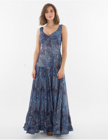 Robe longue femme esprit flamenco imprimé ethnique original bleu touches dorées