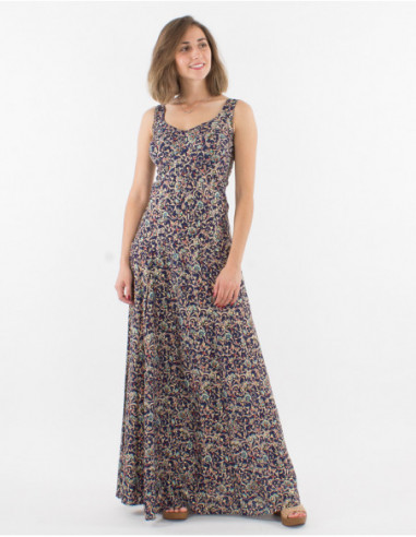 Robe longue évasée sans manches pour femme couleur bleu marine avec petites fleurs boho chic