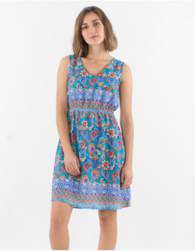 Robe courte sans manches cintrée à la taille avec un élastique confortable à motif boho fleuri bleu pétrole