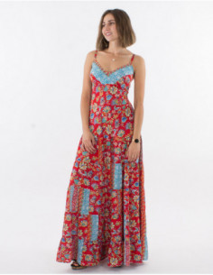 Robe longue fluide d'été à fines bretelles imprimée hippie chic fleuri patchwork rouge