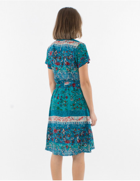 Robe courte boutonnée à l'avant pour femme à manches courtes et ceinture motif fleuri bohème bleu pétrole