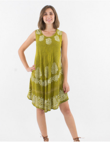 Robe vert anis asymétrique sans manches d'été fluide et légère pour femme motif ethnique